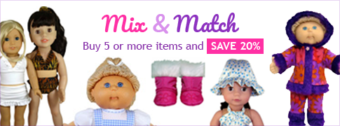 Buy five or more doll clothes patterns and save 20 percent